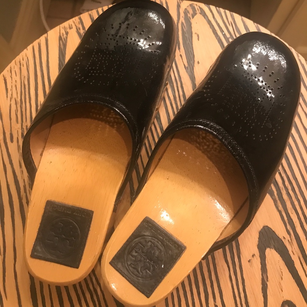 Tory Burch Black Patent Perforated Mules/Slides